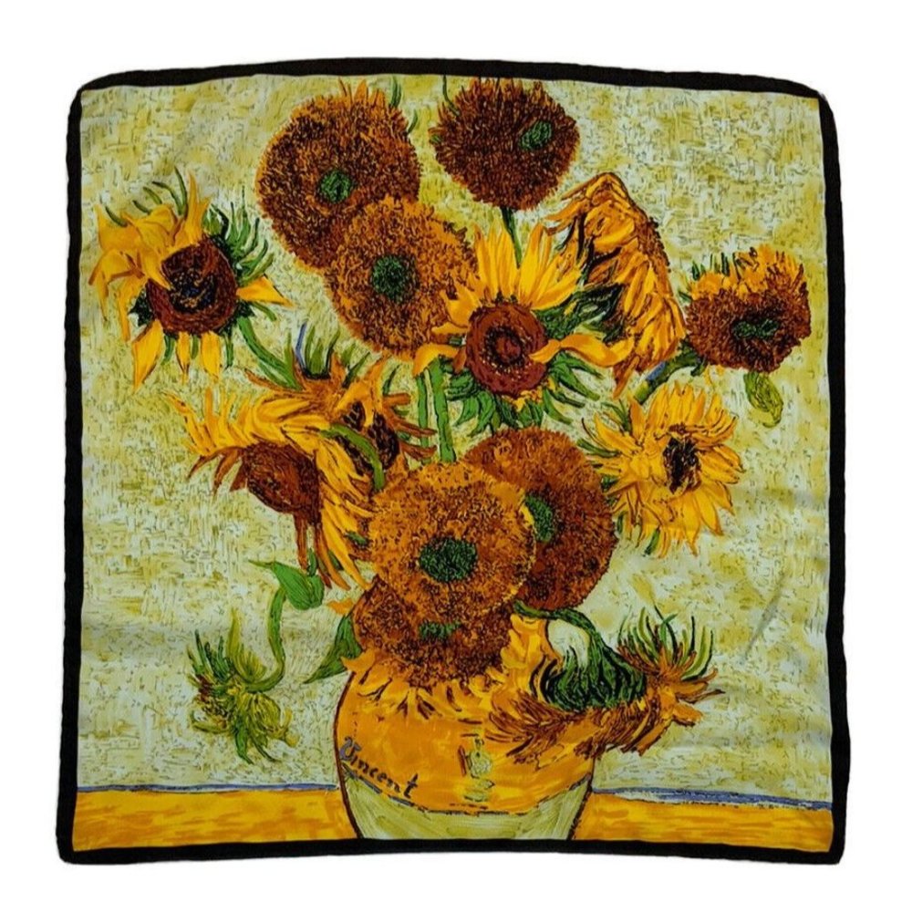 VINCENT VAN GOGH Ivory Floral Scarf Silk 20.5”/ 20” EC